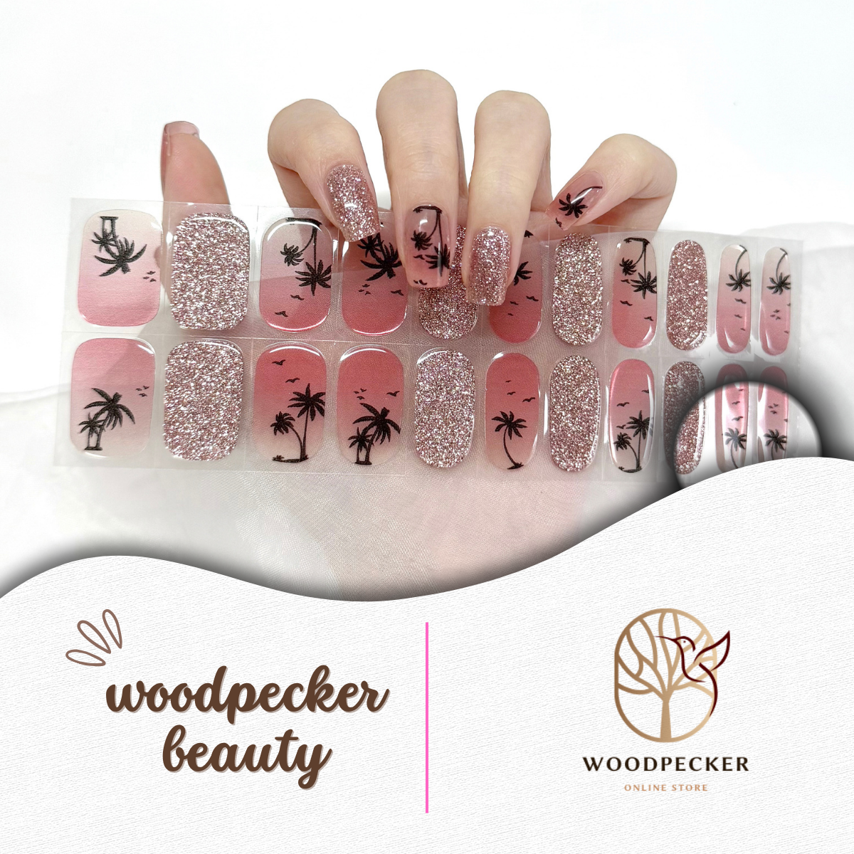 Woodpecker| Nail Art Stickers Palm Trees& Pink Glitter Woodpecker Beauty