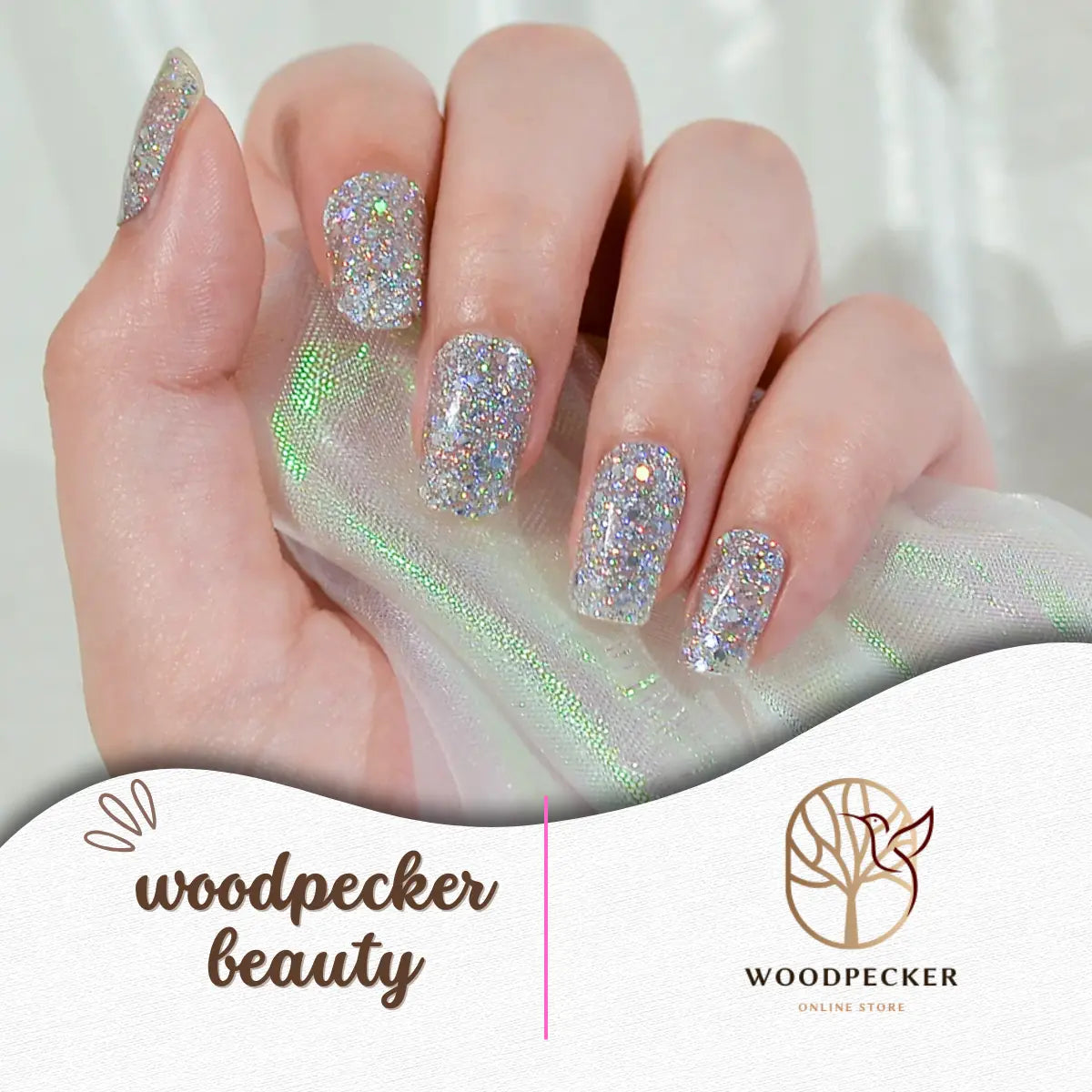 Woodpecker|Glitter Nail Stickers Silver Woodpecker Beauty
