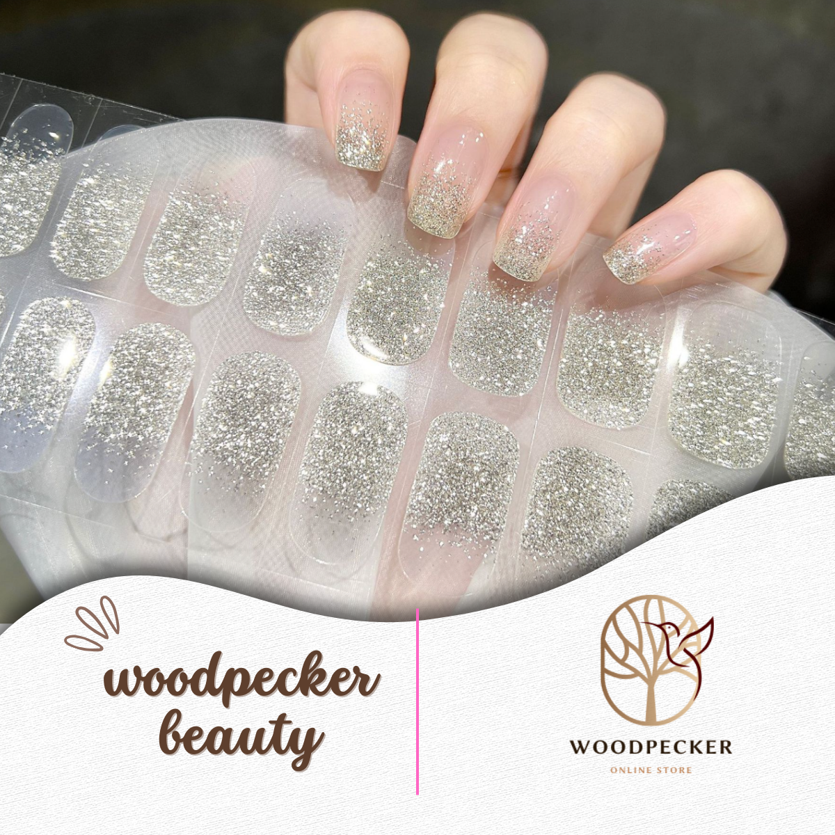Woodpecker|Gradient Silver Glitter French Tip Nail Stickers Woodpecker Beauty