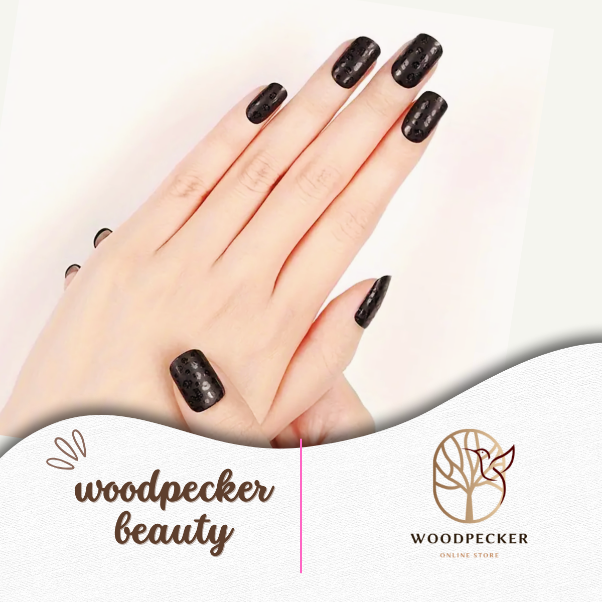 Hand with matte black semi-cured nail stickers featuring subtle leopard texture – Woodpecker Beauty