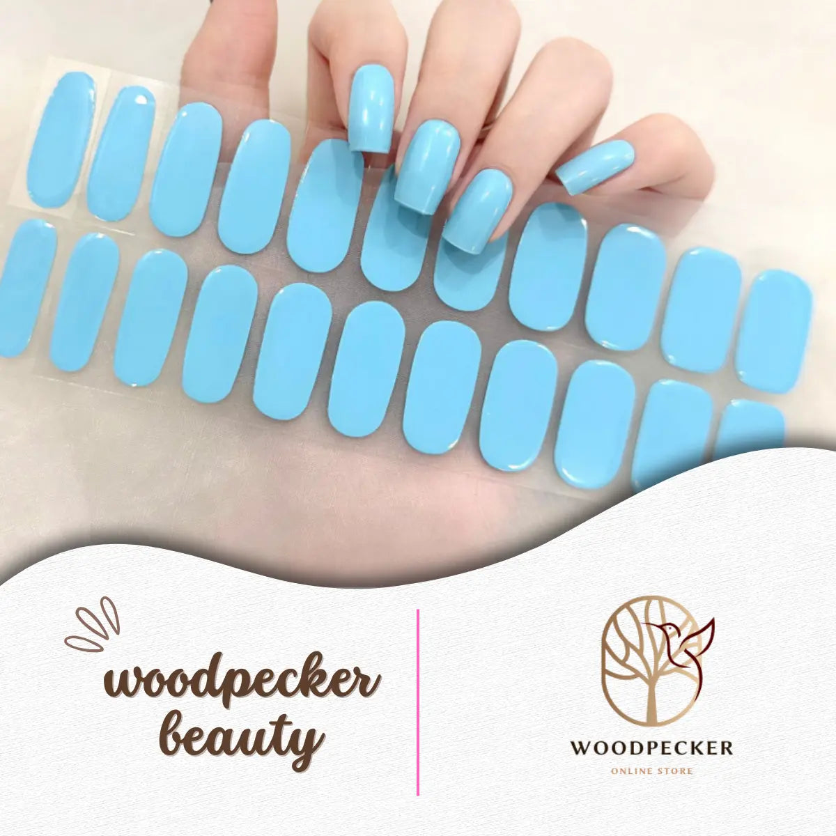 Glossy macaron blue nail stickers with a soft pastel tone for a fresh, playful look.