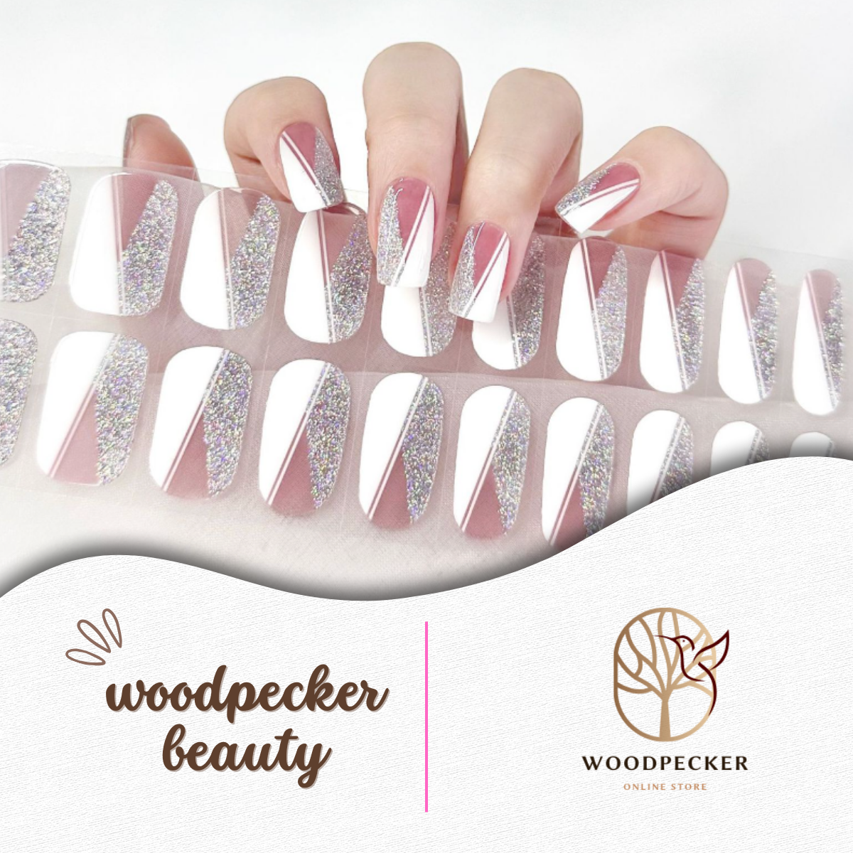 Pink semi-cured gel nail stickers with diagonal white and silver glitter accents from Woodpecker Beauty