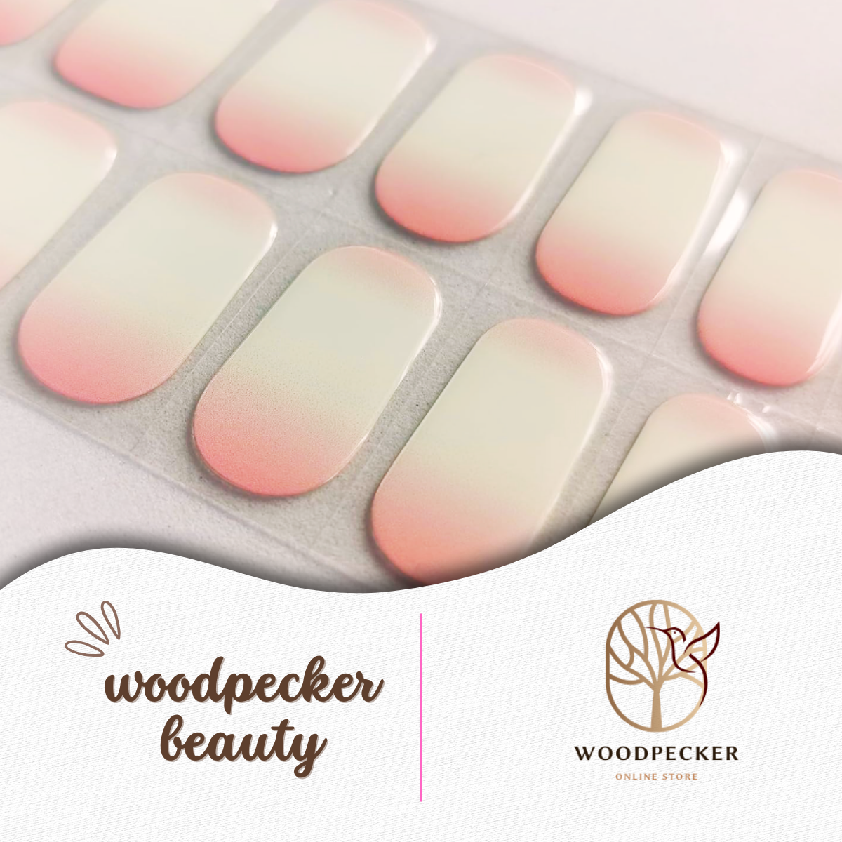 Close-up of pink and white gradient semi-cured gel nail wraps on sticker sheet – Woodpecker Beauty