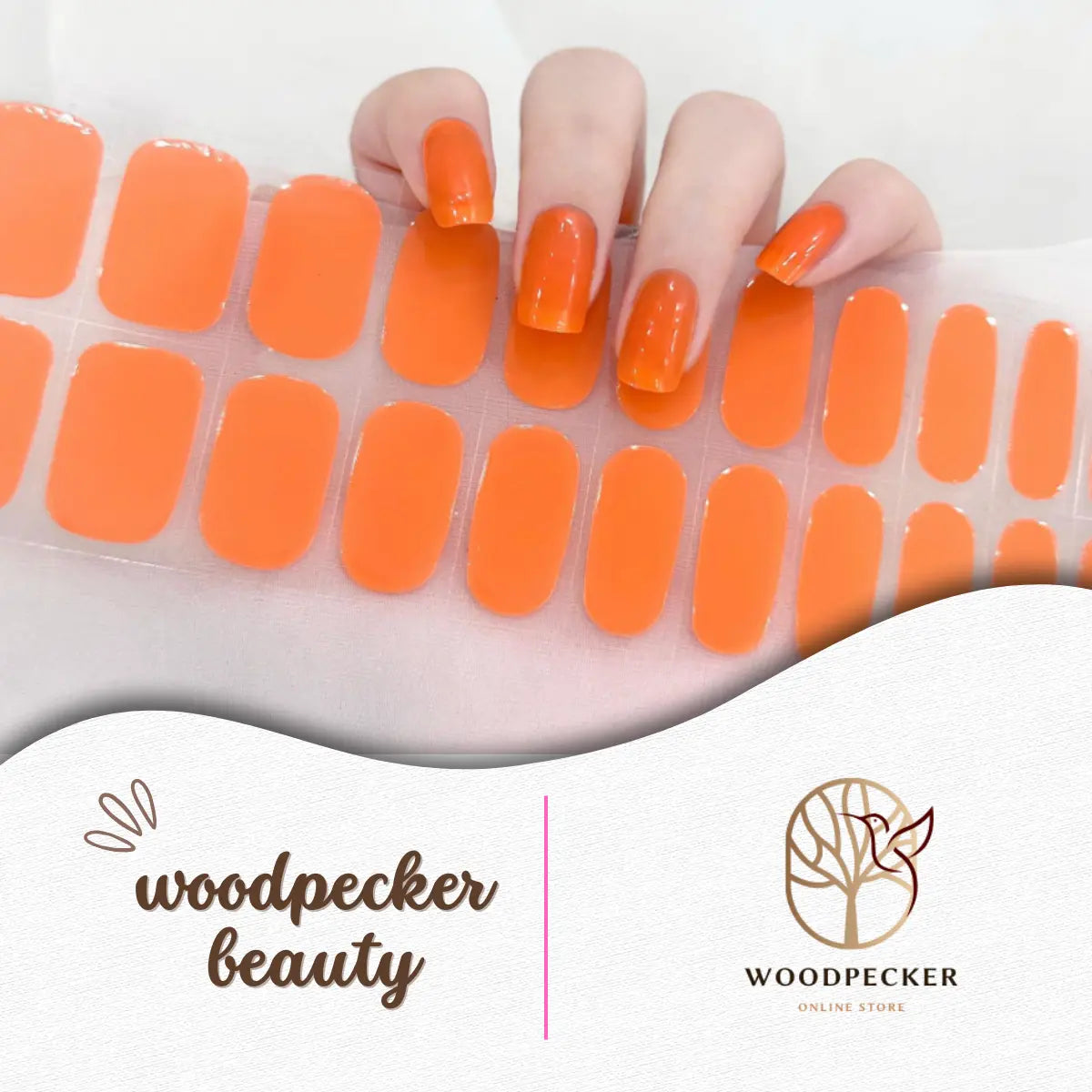 Semi-cured orange gel nail sticker sheet with applied example – Woodpecker Beauty