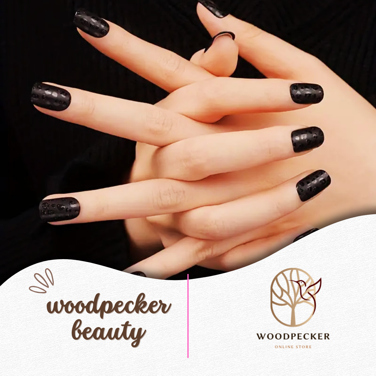 Hands with shiny black gel nail stickers featuring micro leopard print – Woodpecker Beauty