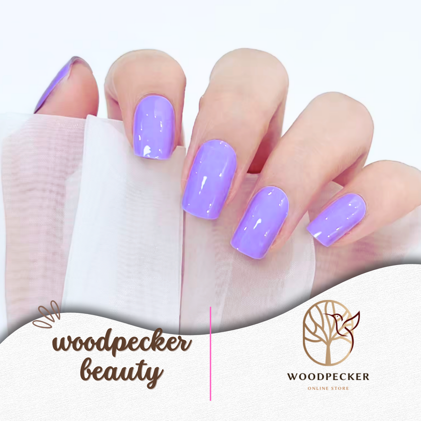 Shiny purple gel nail stickers applied on nails with semi-transparent fabric – Woodpecker Beauty