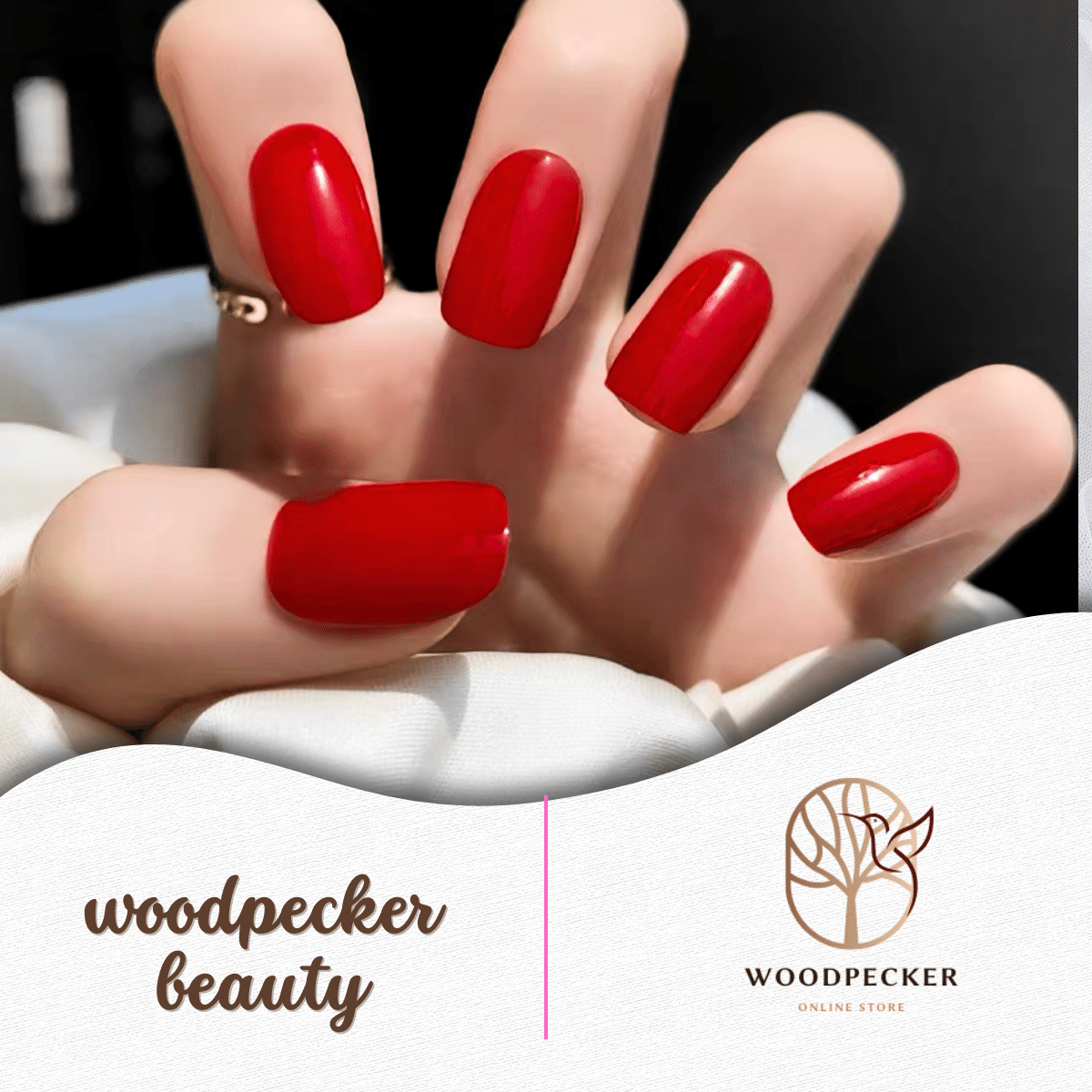 Close-up of red gel nail stickers in low light setting for evening style – Woodpecker Beauty