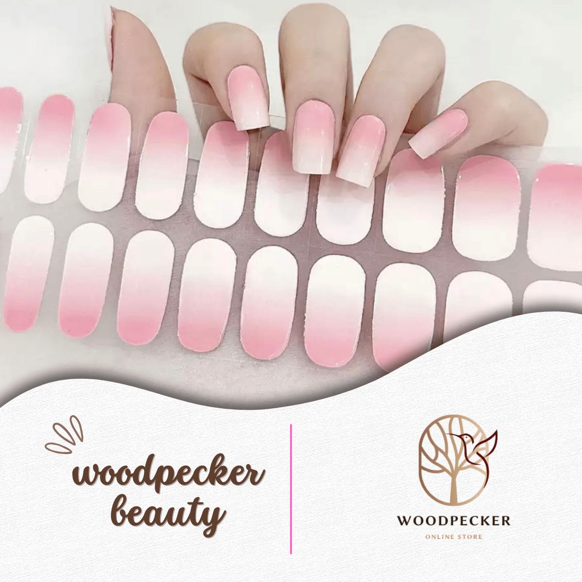 Full sheet of ombre pink gel nail stickers for at-home manicure