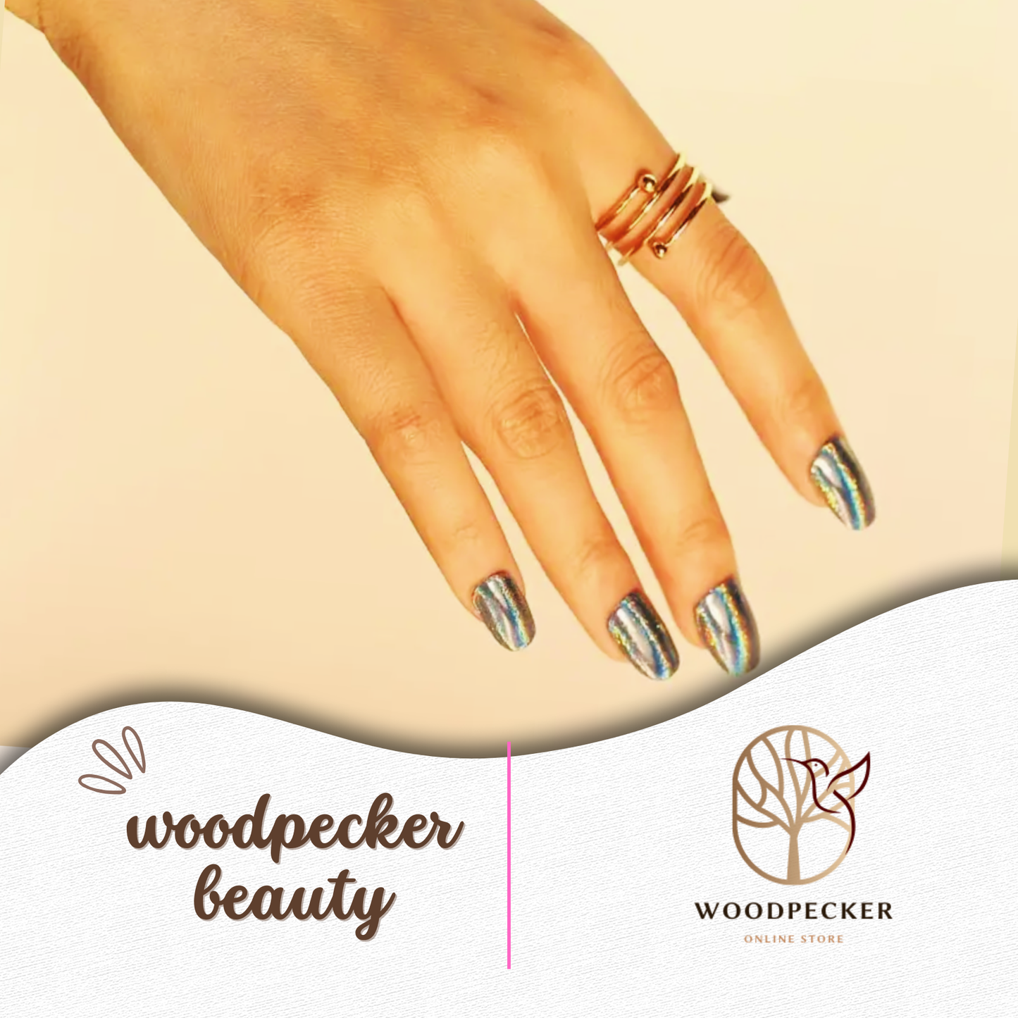 Peacock-inspired blue-green holographic nail stickers styled with gold rings – Woodpecker Beauty