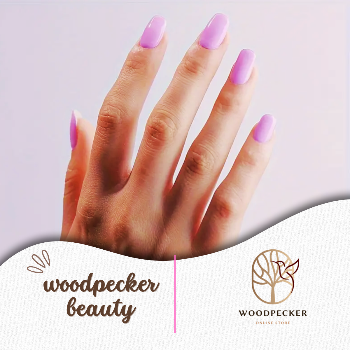 Hand showing light purple semi-cured gel nail wraps in daylight – Woodpecker Beauty