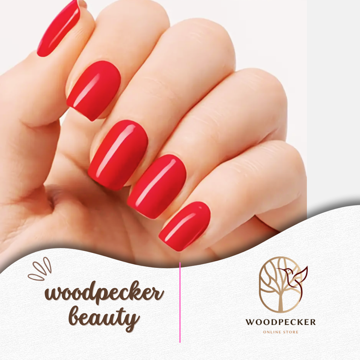 Matte red gel nail stickers applied on hand – minimal and stylish – Woodpecker Beauty