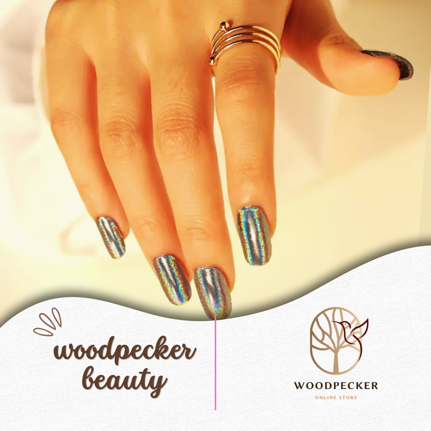 Blue and green aurora gel nail wraps with laser shine worn on hand – Woodpecker Beauty
