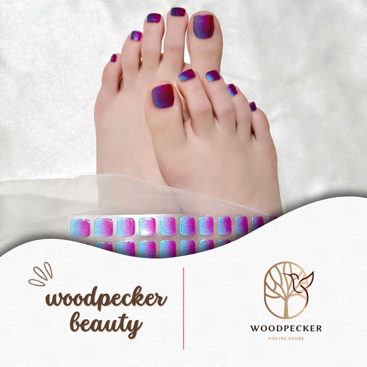 Feet with purple and blue toenail stickers by Woodpecker Beauty