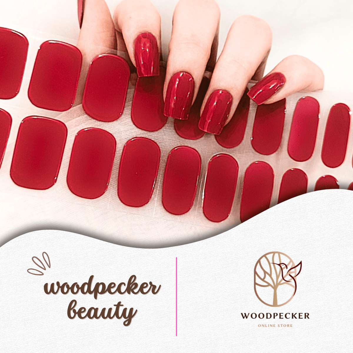 Full sheet of red semi-cured gel nail stickers with a glitter finish – Woodpecker Beauty