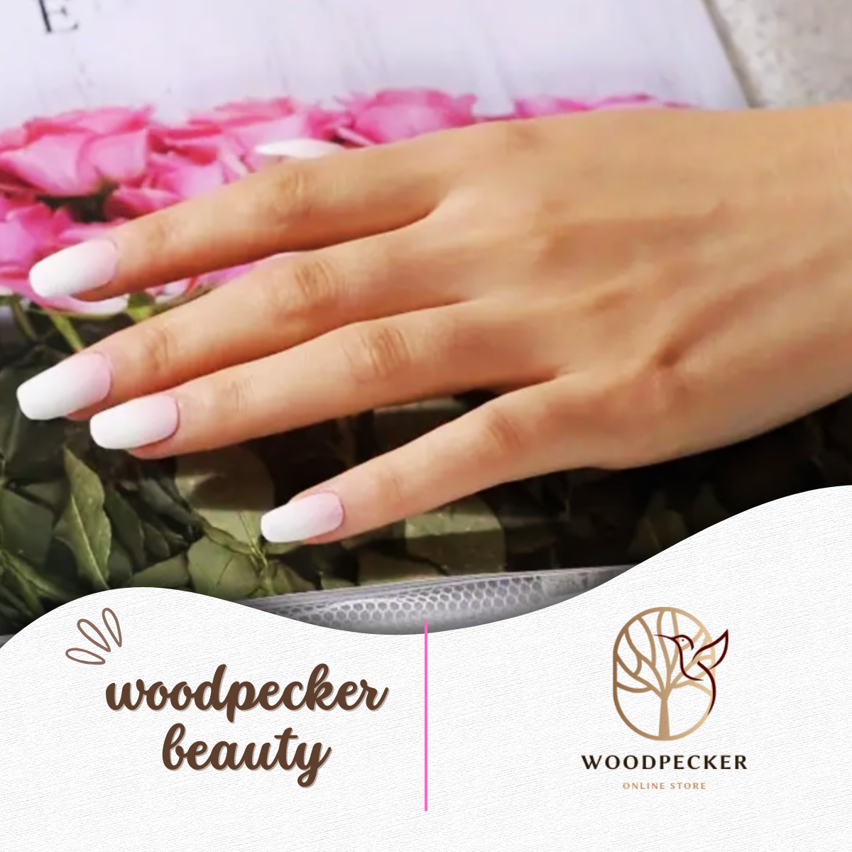 Hand with long French ombre nails placed over pink flowers – Woodpecker Beauty