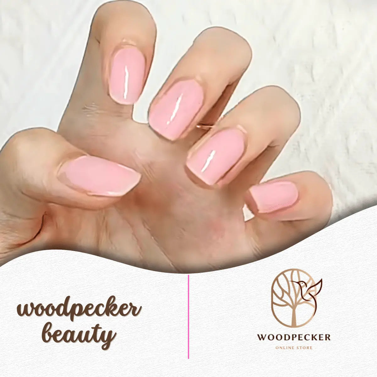 Close-up of baby pink gel nail stickers with glossy shine – Woodpecker Beauty