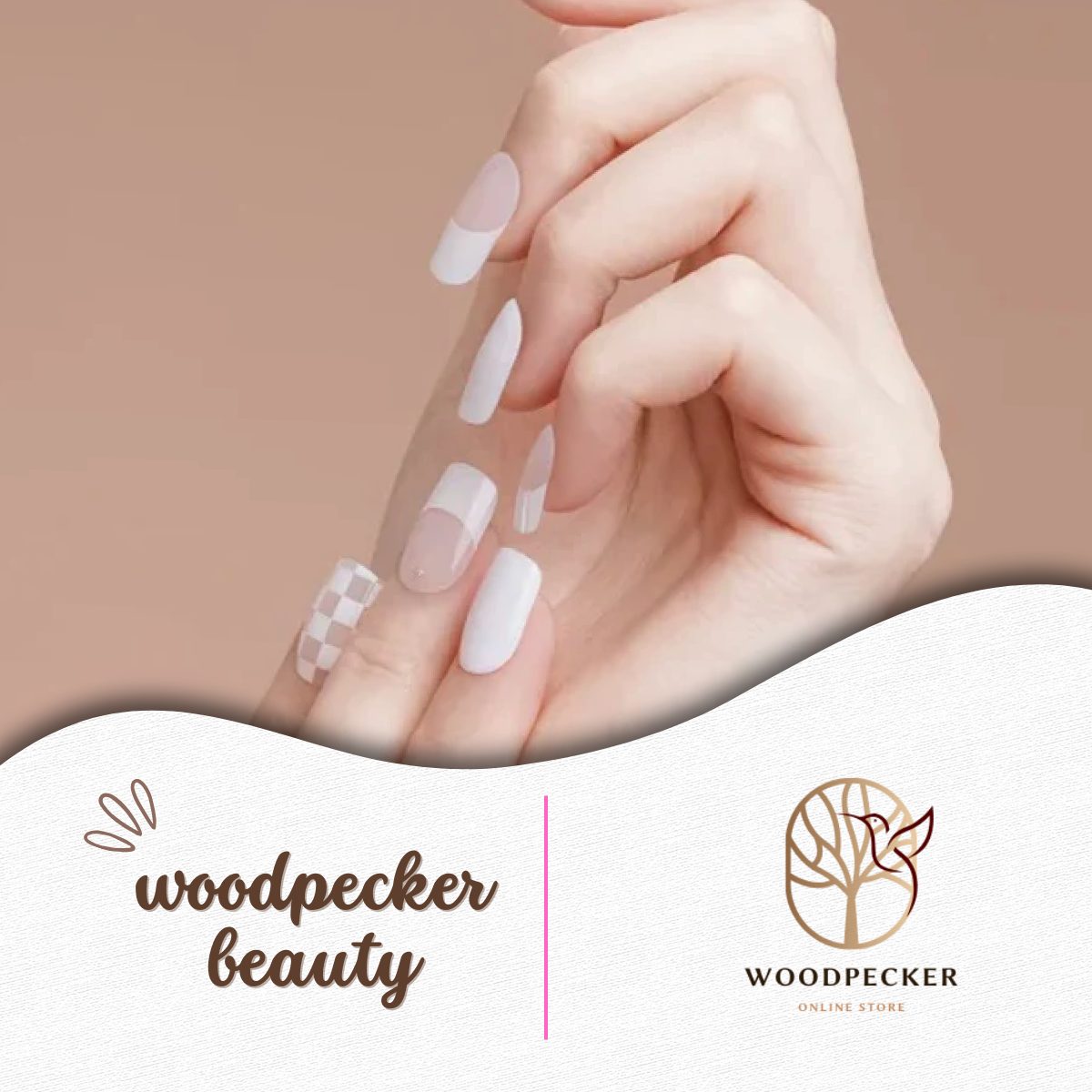 Semi-sheer white nail stickers with clean minimalist layout and soft matte finish from Woodpecker Beauty