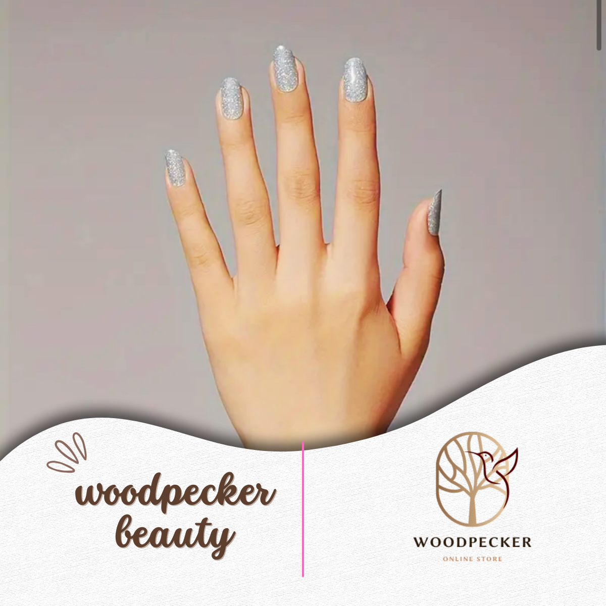 Silver glitter nail stickers with a fine shimmer, full coverage from Woodpecker Beauty