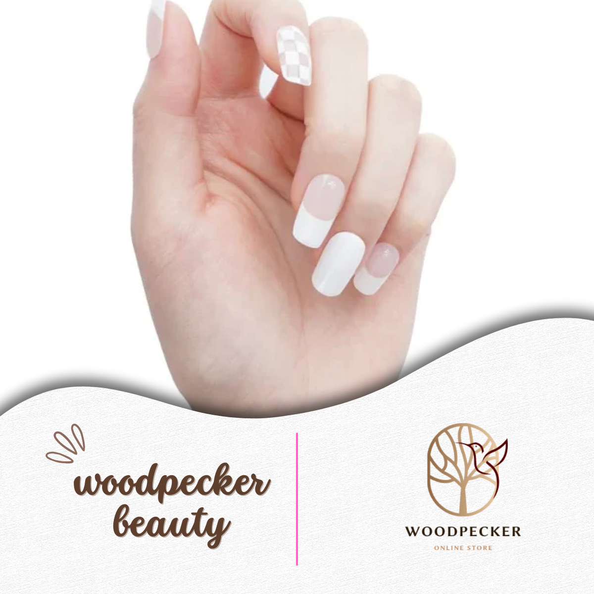 White semi-cured gel nail stickers with crescent French tips and soft curved edges from Woodpecker Beauty