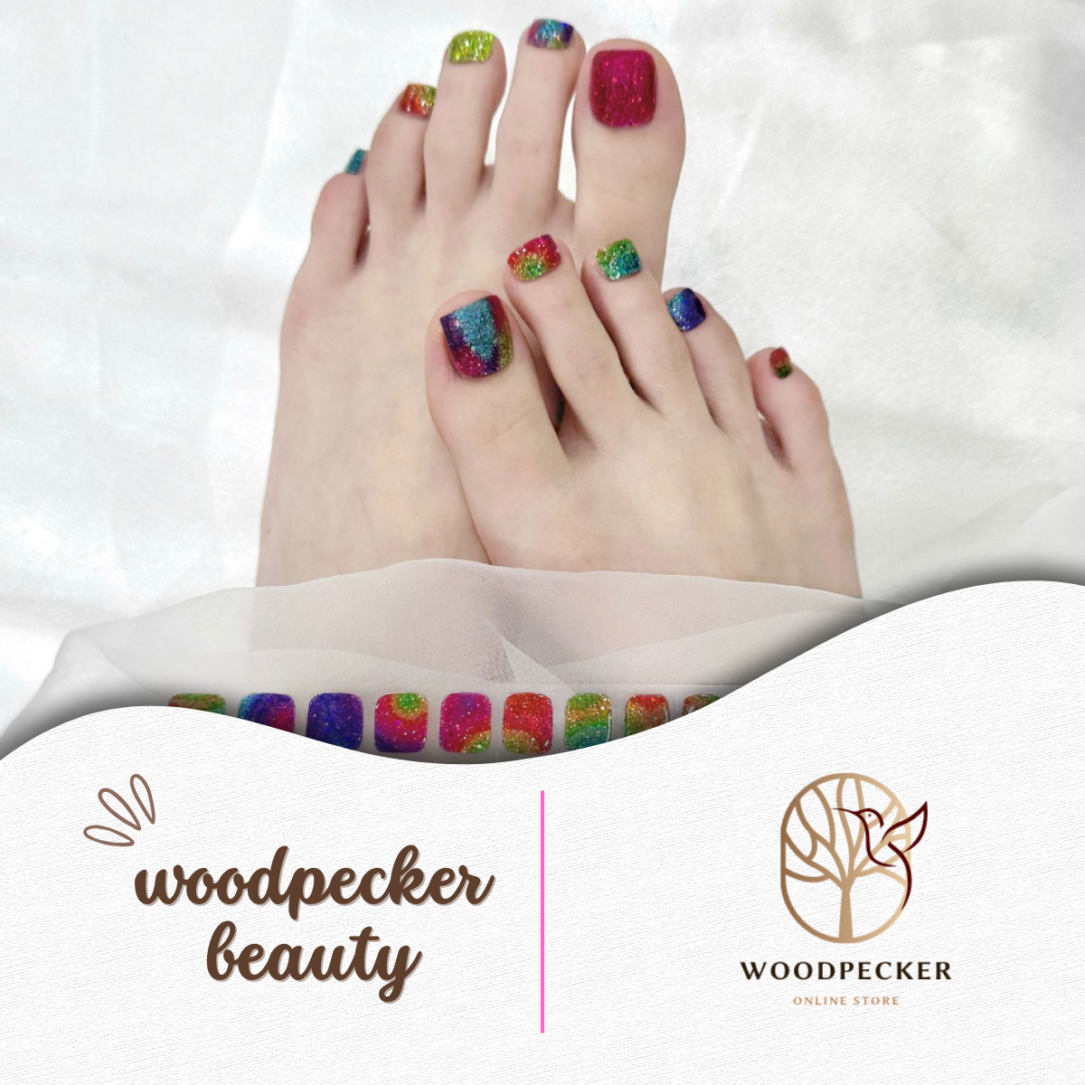 Colorful sparkly toe nail wraps in red, green, blue, and purple