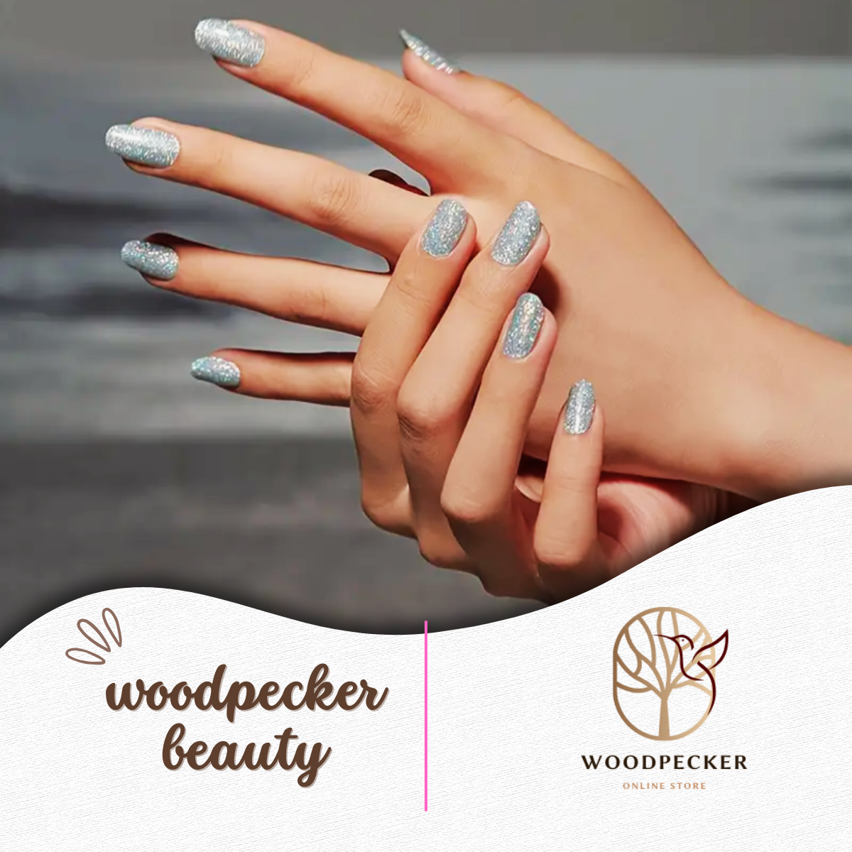 Full-coverage silver glitter semi-cured gel nail stickers with a high-shine finish from Woodpecker Beauty