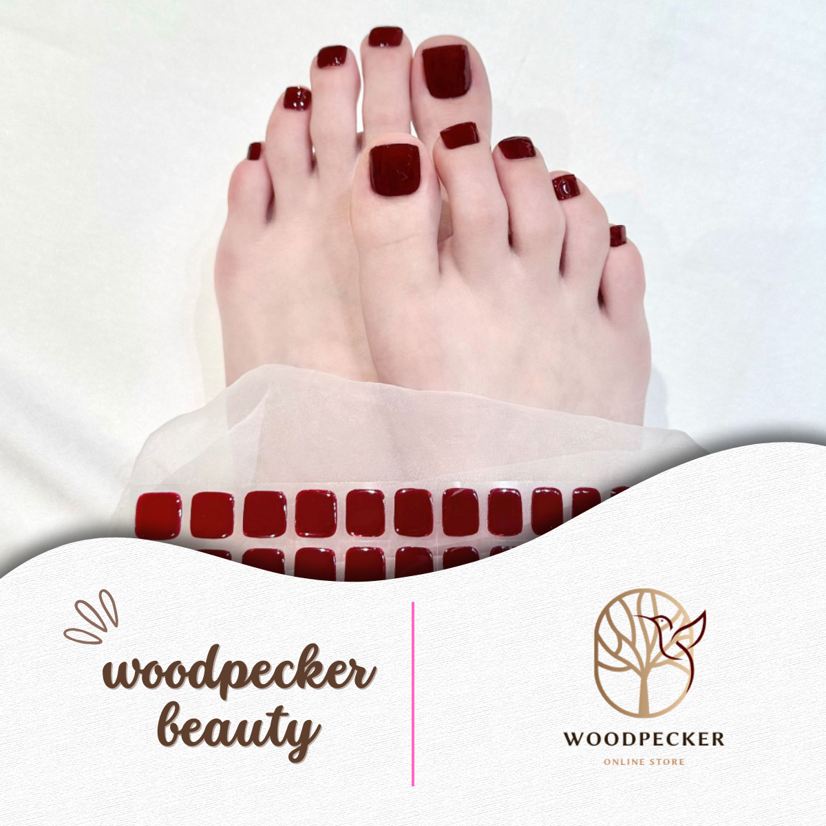 deep wine red gel toe nail stickers applied on toenails, glossy finish