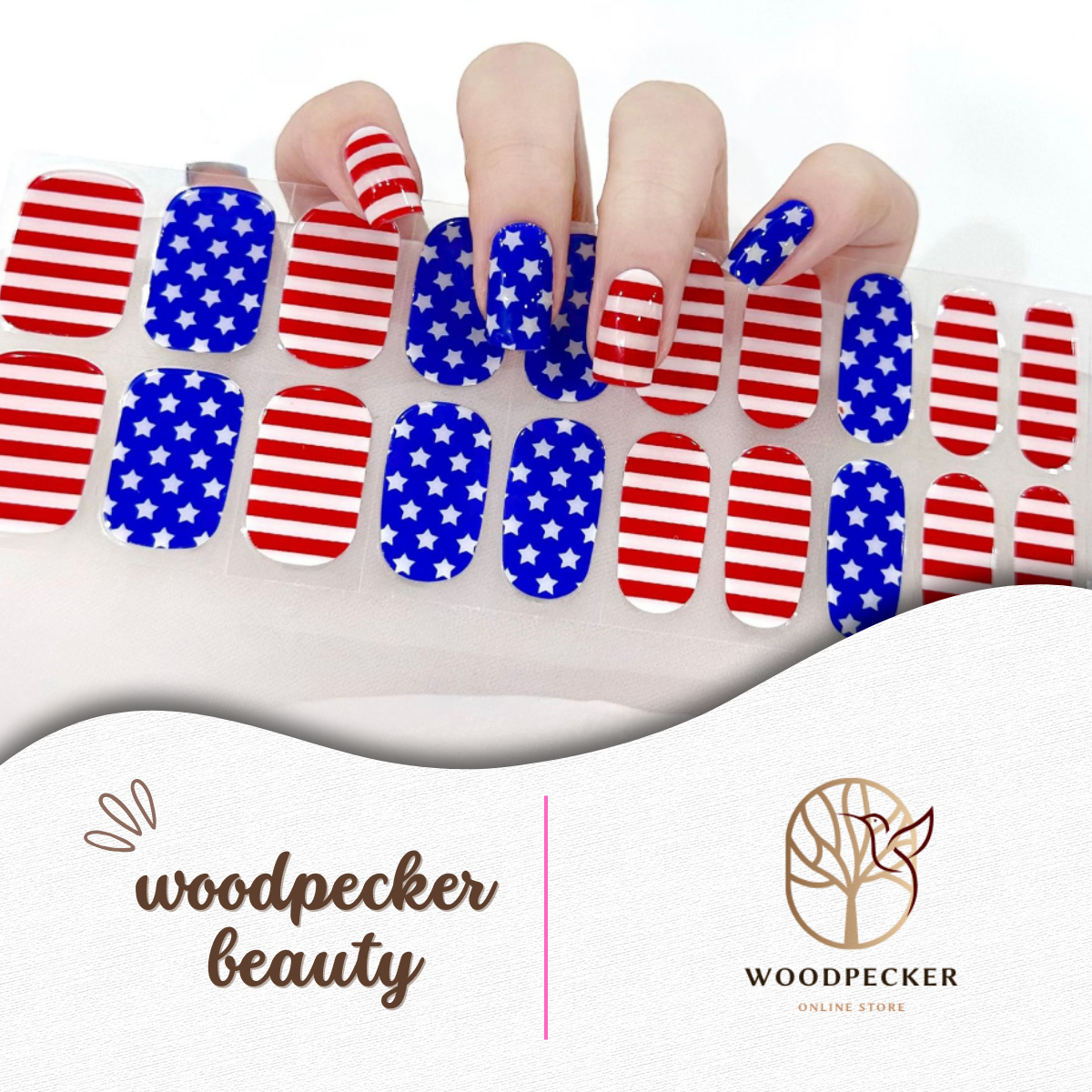 Red, white, and blue semi-cured gel nail wraps with stars and stripes inspired by the American flag