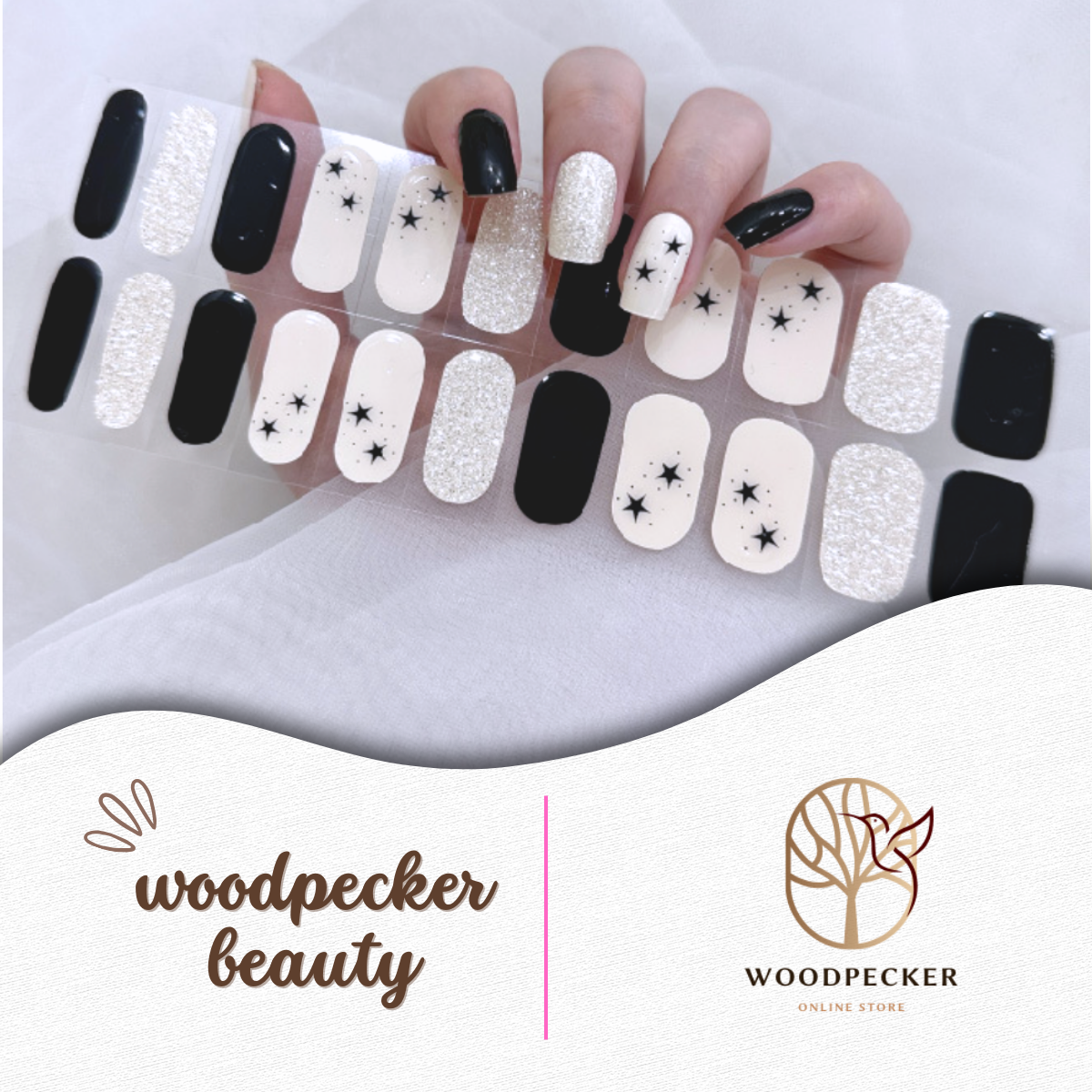 Black, white, and silver glitter nail stickers with star print accents in a minimalist celestial design.