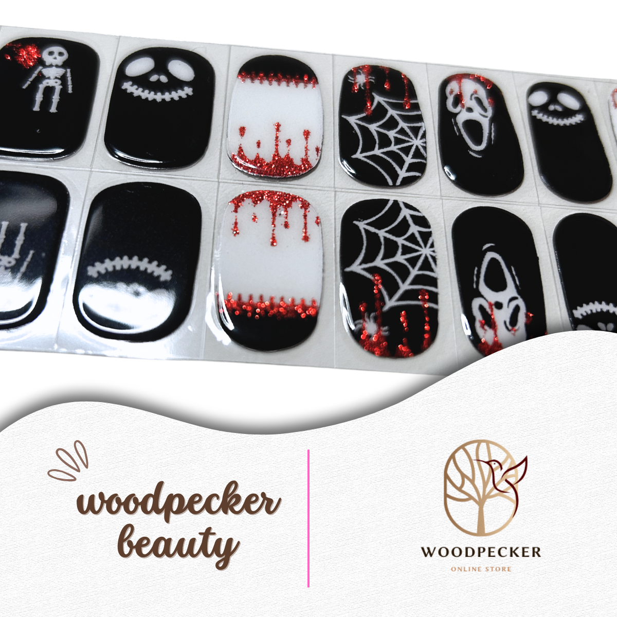Semi-cured gel nail wraps featuring blood drip, gothic webs, and spooky faces on a white and black base, UV lamp required