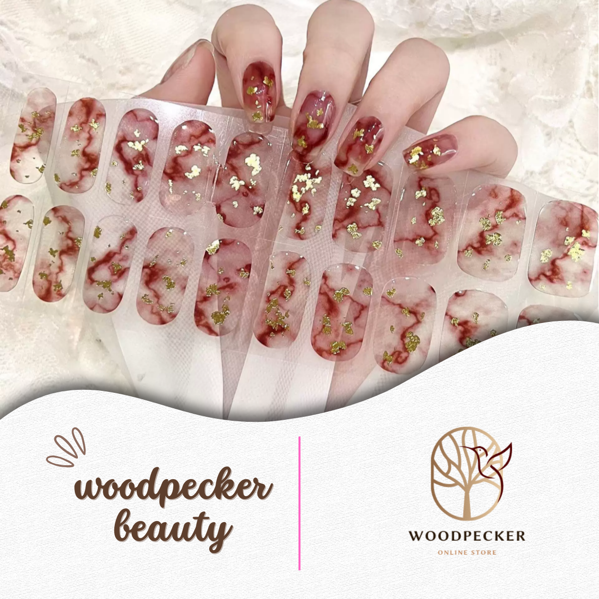 Burgundy marble nail stickers with gold foil flakes – elegant glossy design by Woodpecker Beauty