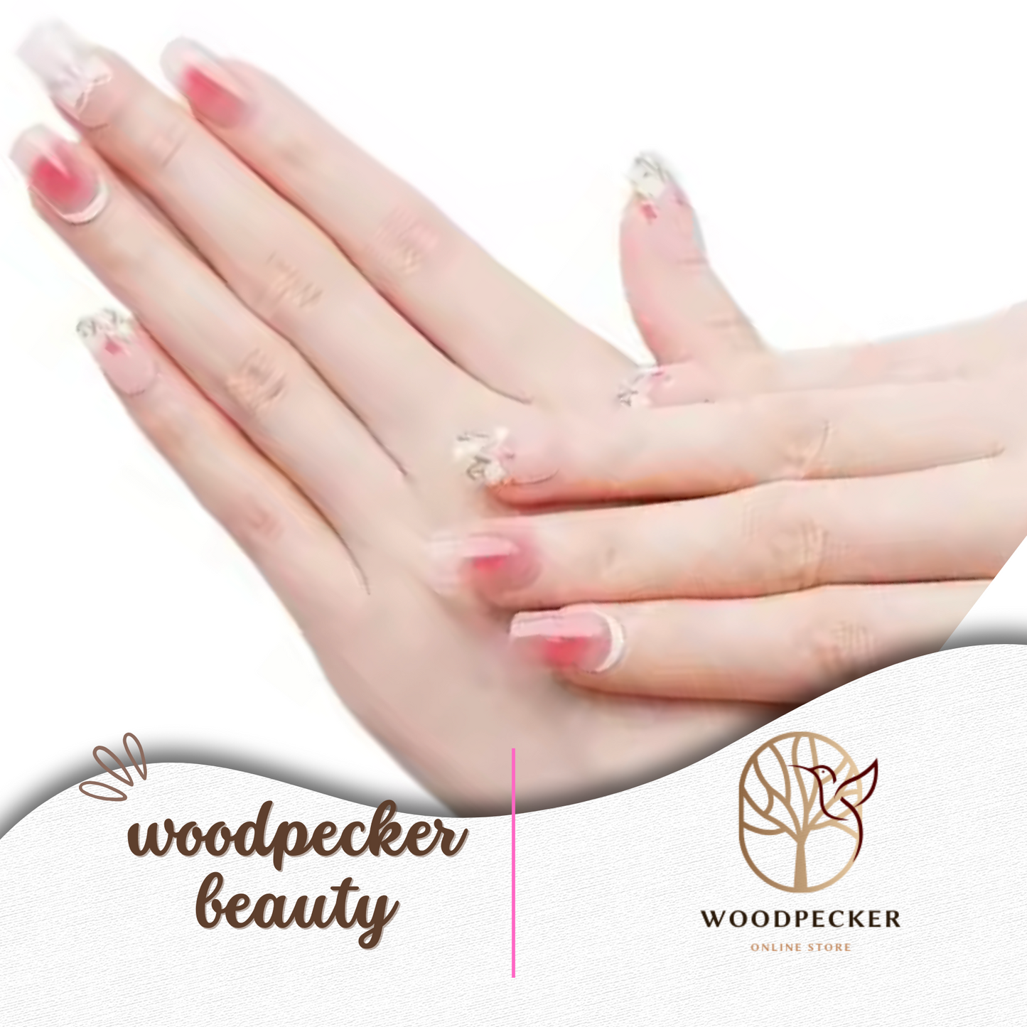 Hands with sheer pink floral French tip nail stickers featuring white flower accents.