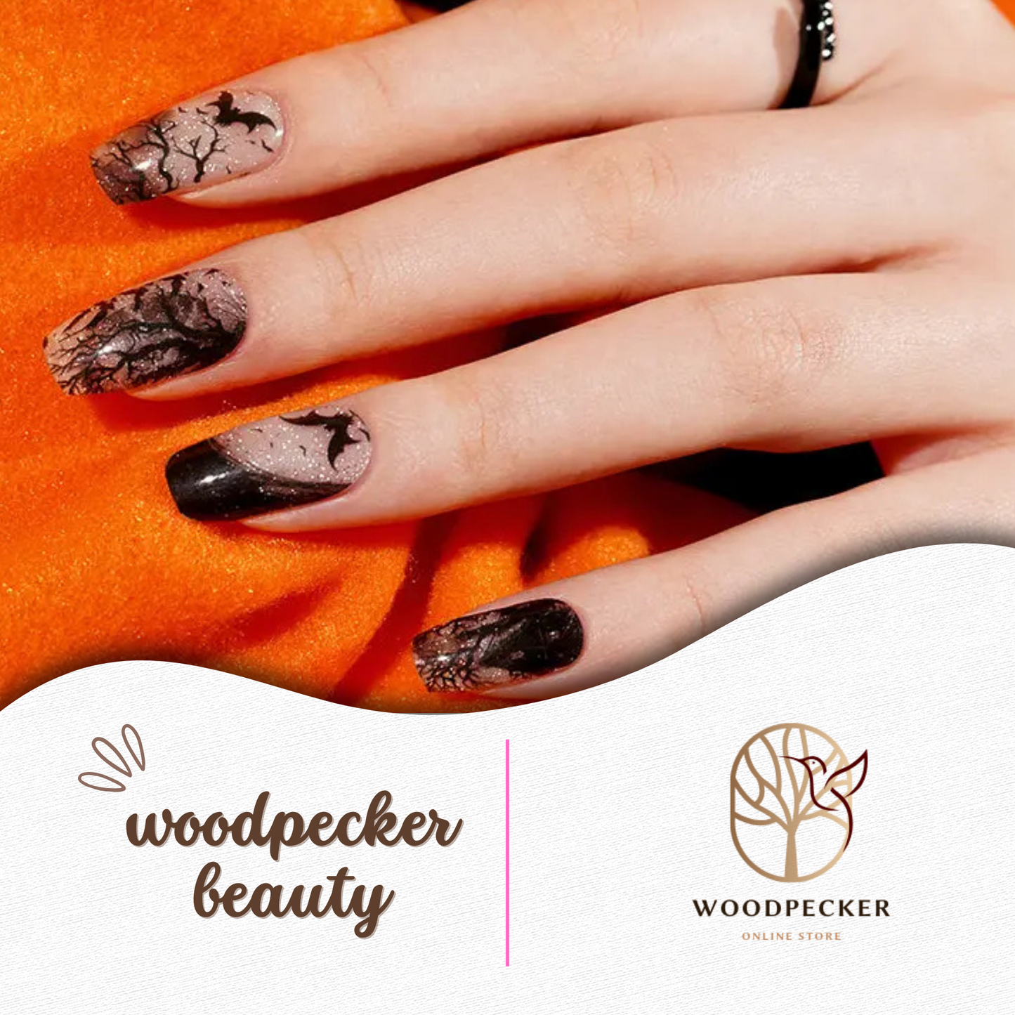 Halloween nail stickers with black flying bats and spooky tree silhouettes on a nude and black gradient base — eerie, stylish, and perfect for October vibes.