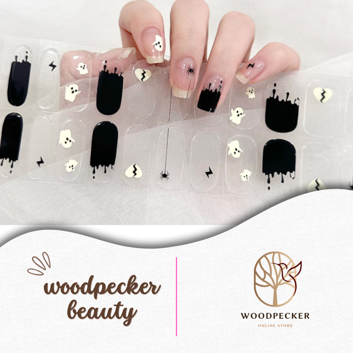 Halloween-themed nail stickers featuring ghosts, black drips, lightning bolts, and clear backgrounds.