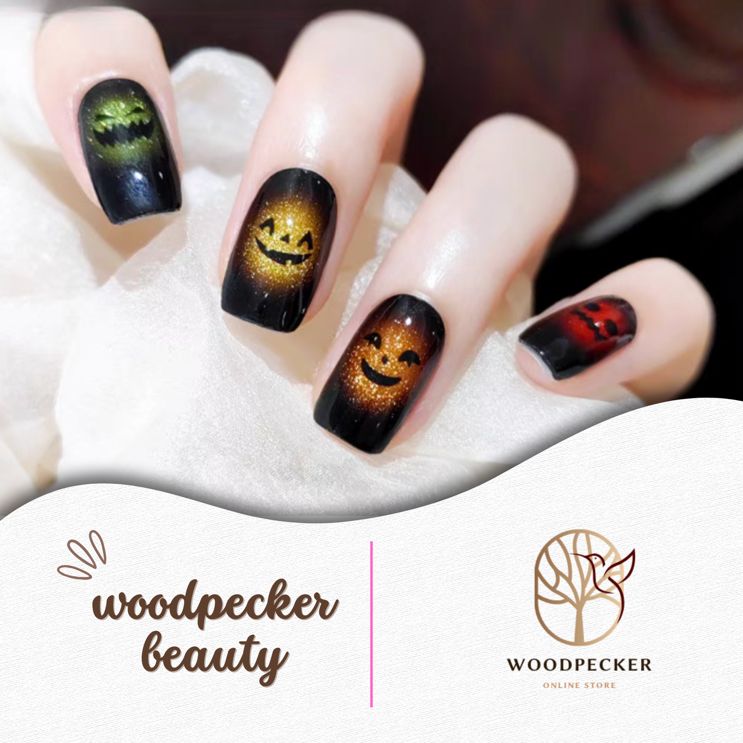 Halloween-themed black nail wraps featuring glowing pumpkin faces in red, orange, and green — perfect for a spooky and festive look.