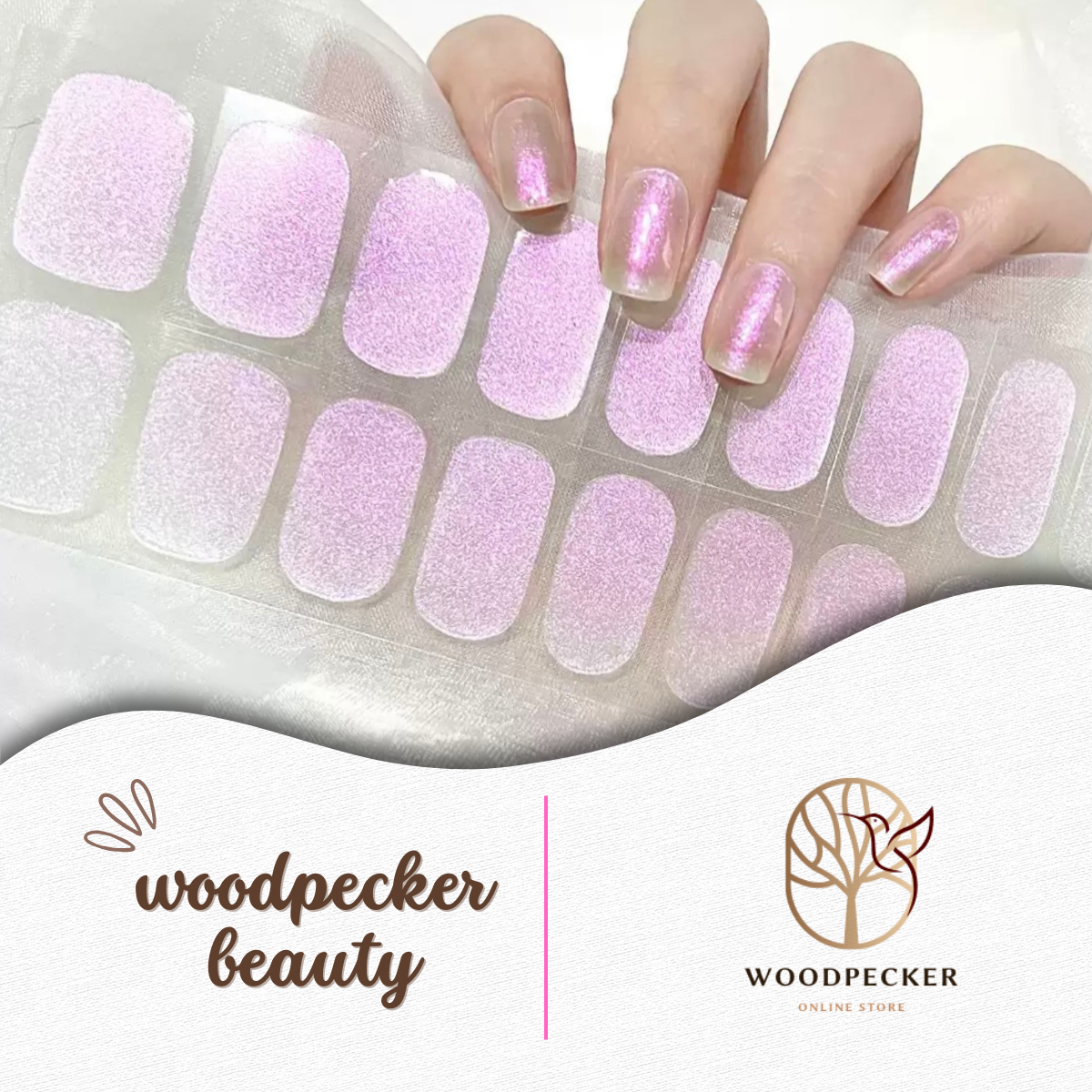 Iridescent pink and purple nail stickers with a pearly mirror-like finish and soft shimmer.