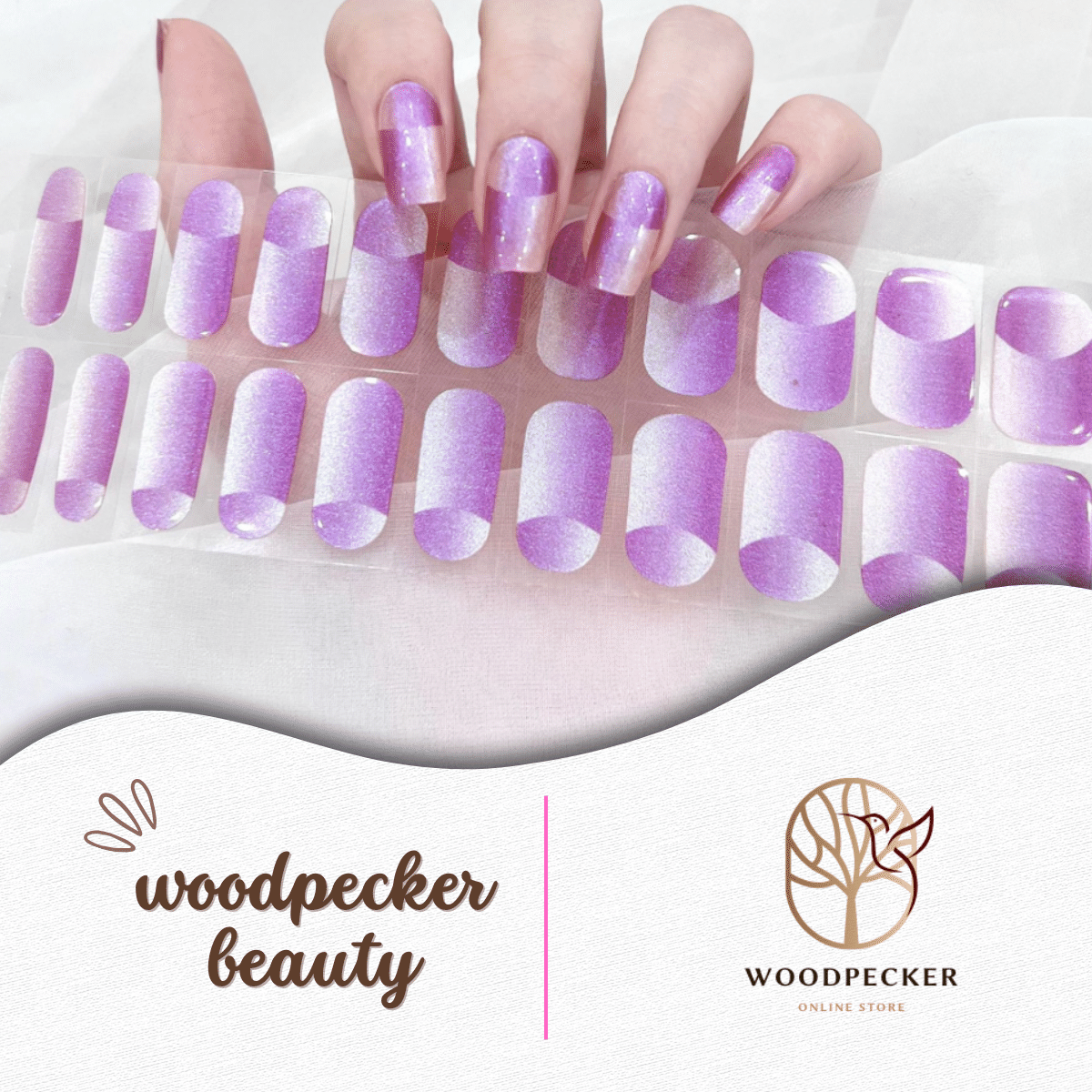 Lavender purple cat-eye nail stickers with a soft metallic shimmer and light-reflecting stripe.