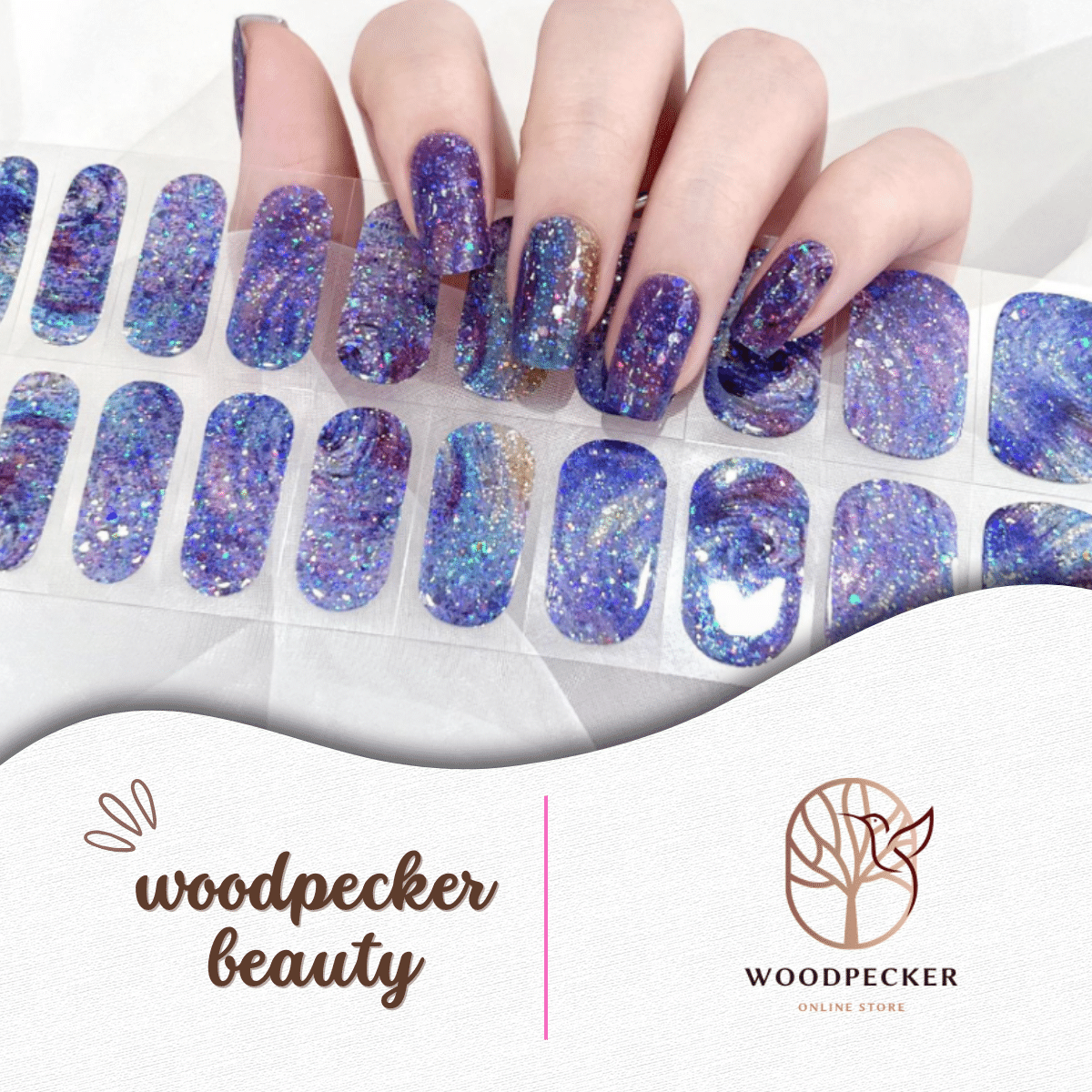 Purple and blue glitter nail stickers with silver flakes, inspired by a galaxy night sky.