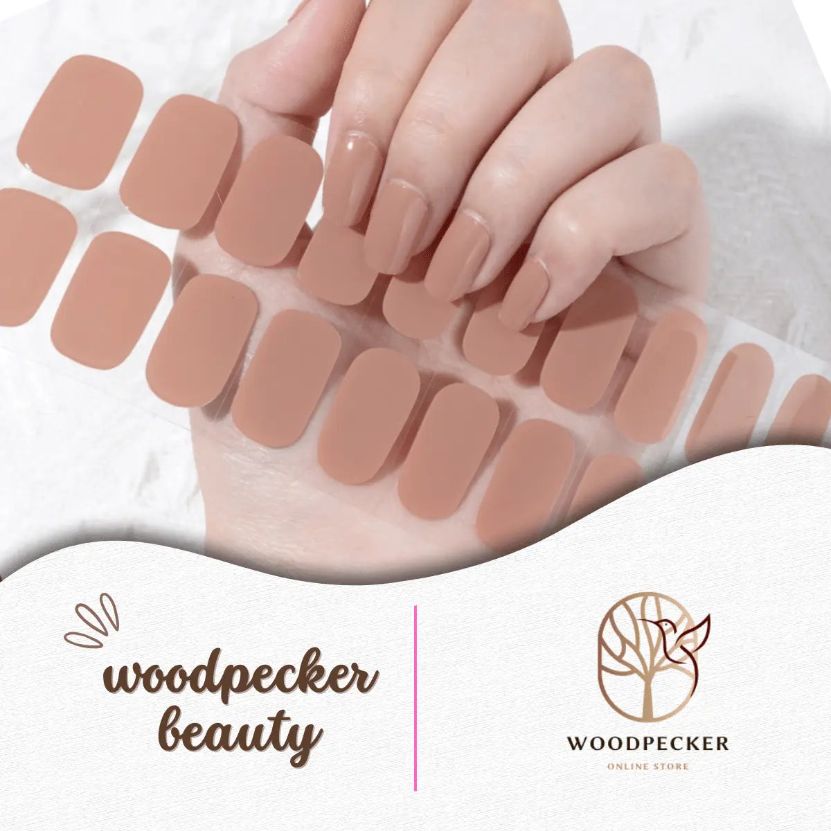 Full sheet of milk tea nude solid nail wraps in various sizes, with a glossy natural tone.