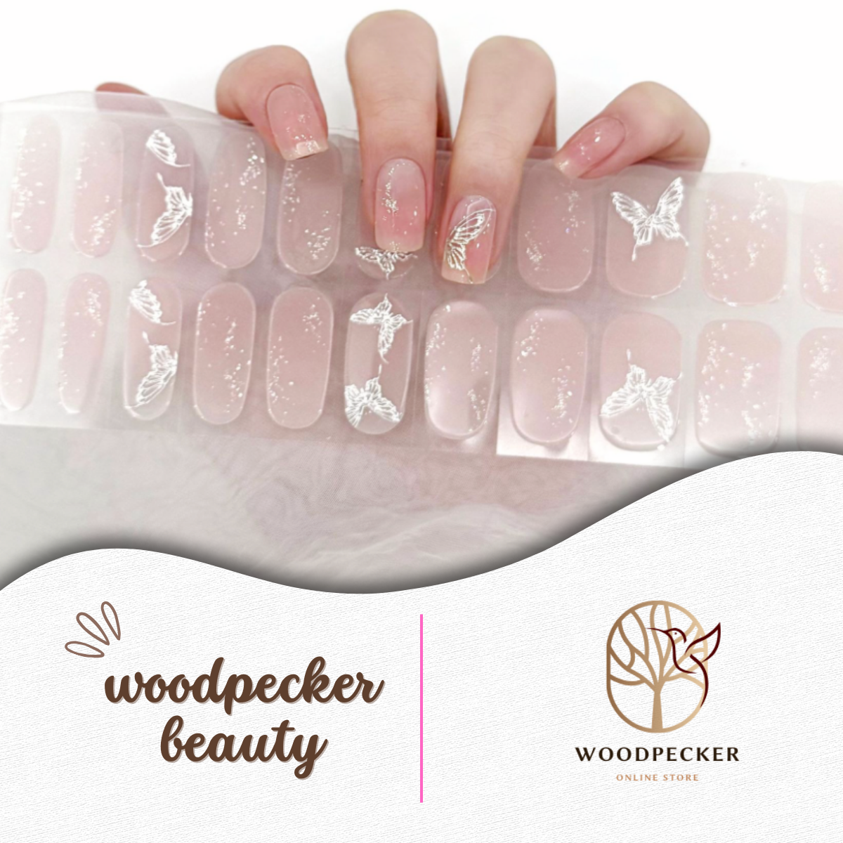 Semi-transparent nude pink nail stickers with white butterfly design – soft and elegant style by Woodpecker Beauty
