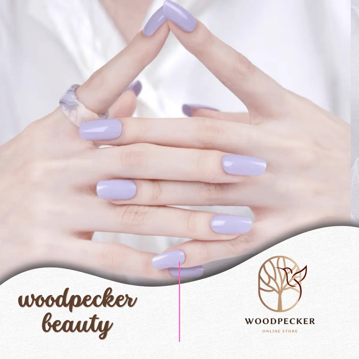 Pastel purple nail wraps styled on crossed fingers, showing a gentle and clean finish.