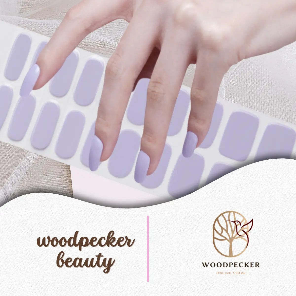 Full sheet of light purple solid color nail wraps with a soft glossy tone on a transparent backing.