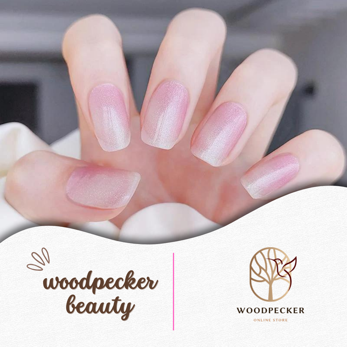 Soft pink semi-transparent nail stickers with a pearlescent shimmer finish.