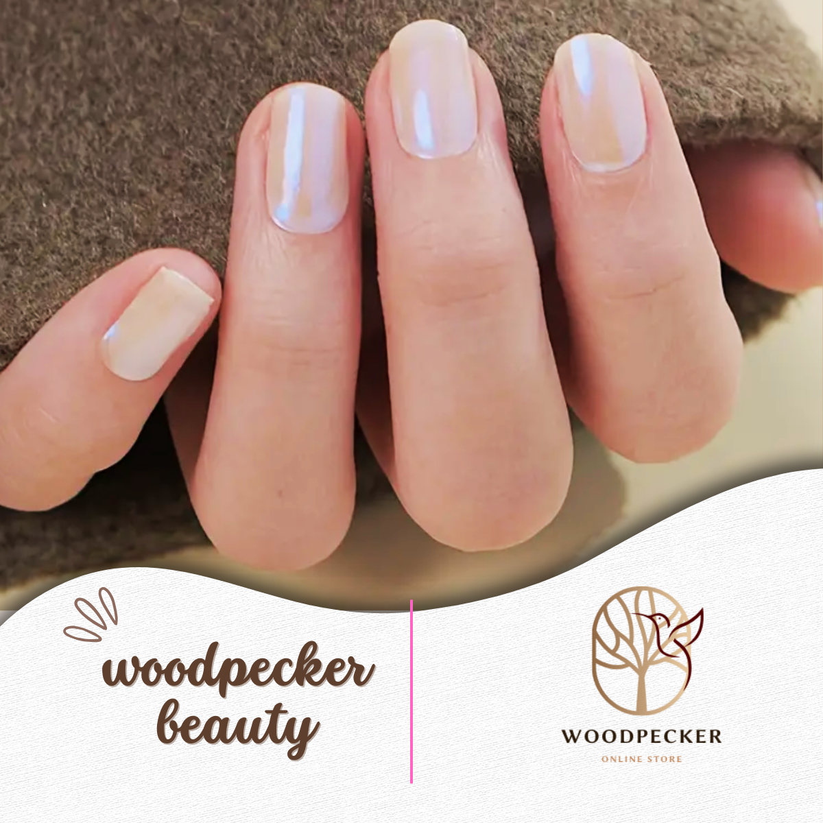 Semi-sheer nude pearl nail wraps with a subtle glow under warm lighting.