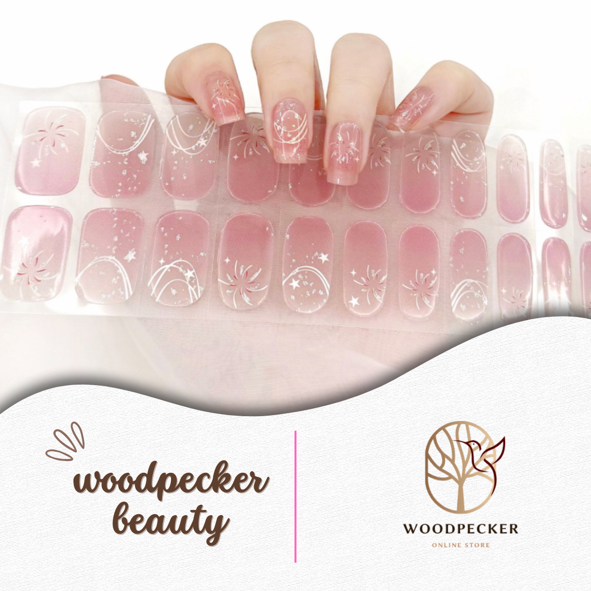 Soft pink nail stickers with gold shimmer – elegant style by Woodpecker Beauty