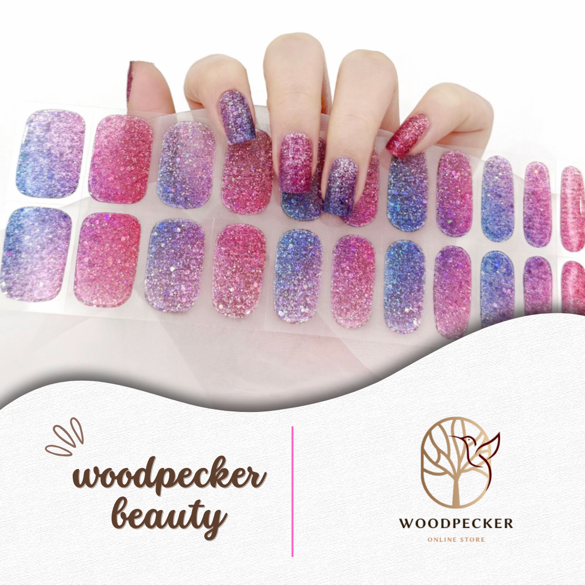 Pink gradient nail wraps with gold line detail – feminine and classy