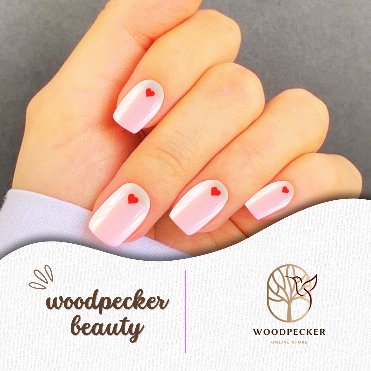 Natural light view of pink nail wraps with small red heart