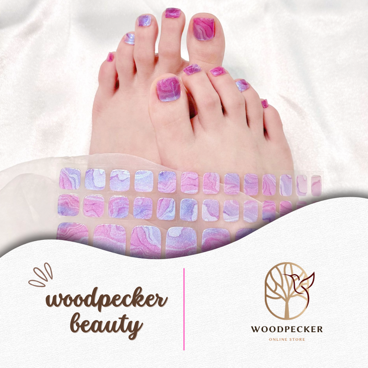 Pink and purple bling semi-cured gel toe nail stickers with a glossy shimmer finish