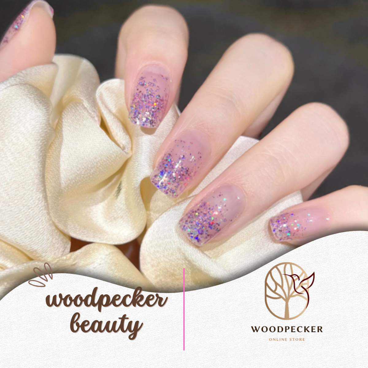 Semi-transparent pink and purple glitter nail wraps with a natural gradient finish