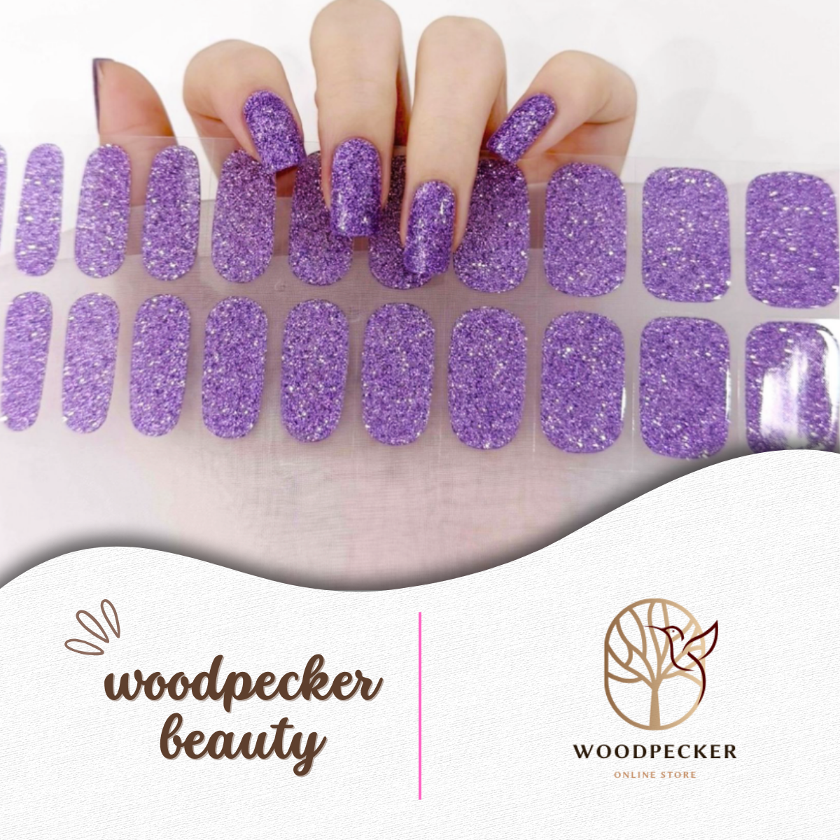Solid purple glitter nail stickers – sparkly and bold look for parties and holidays by Woodpecker Beauty