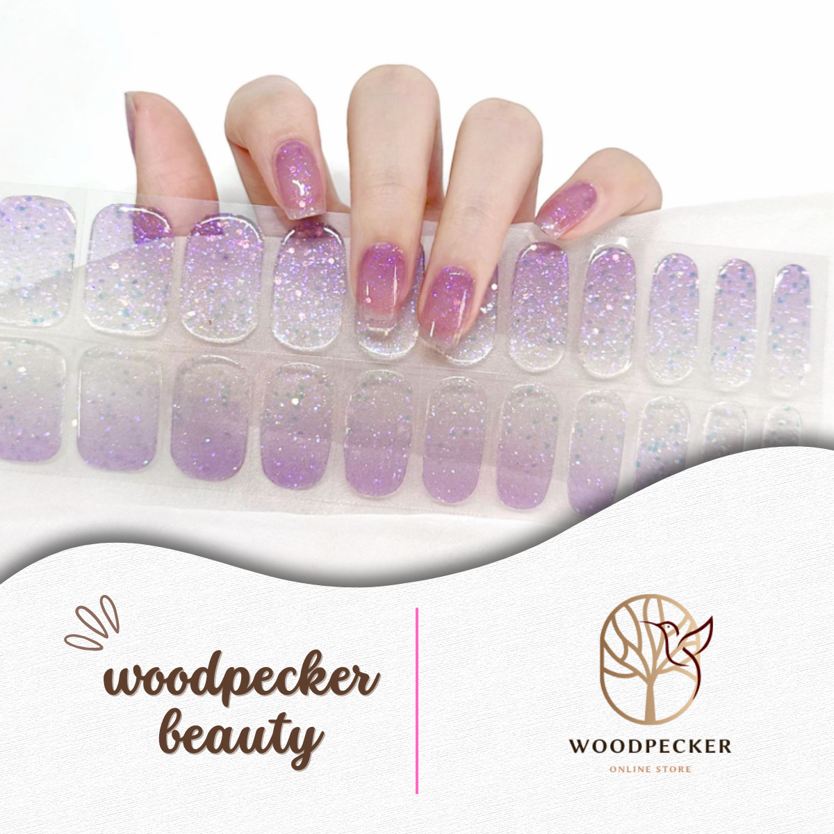Purple ombre nail stickers with glitter finish – semi-transparent and sparkly, perfect for summer
